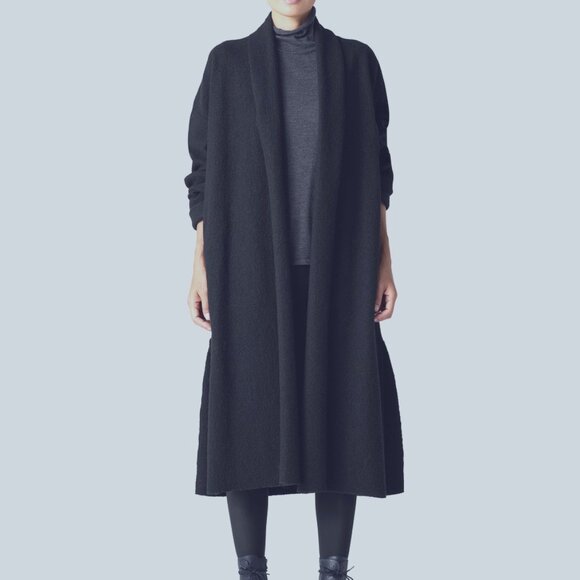 VINTAGE EILEEN FISHER LONG 100% WOOL DUFFEL COAT OPEN FRONT NAVY BLUE sz 1